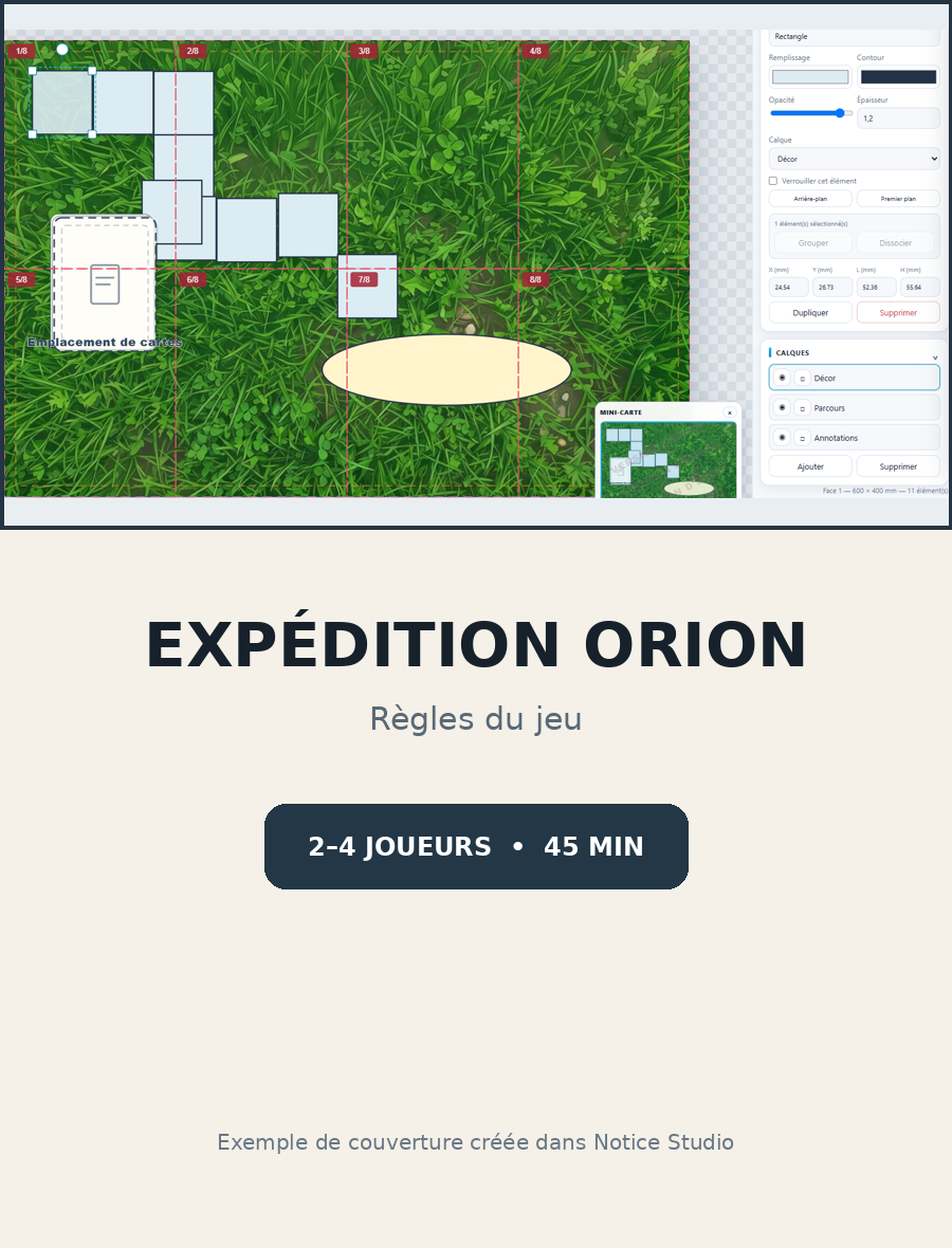 Exemple de couverture de notice de jeu créée dans Notice Studio